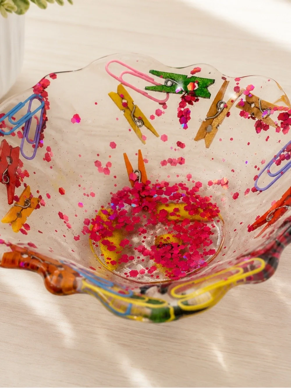 Clear Resin Decorative Bowl with Pink Confetti and Multicolor Accents